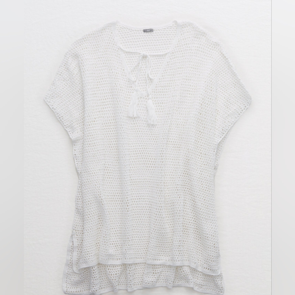 American Eagle Aerie white crochet long swim cover-up, L/XL